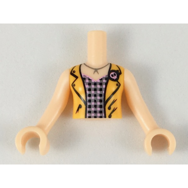 light nougat torso mini doll girl bright pink top with black and silver squares bright light orange vest pattern light nougat arms with hands