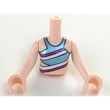 light nougat torso mini doll girl metallic light blue swimsuit top with magenta and white diagonal stripes pattern light nougat arms with hands