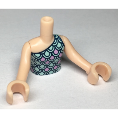 light nougat torso mini doll girl light aqua and bright pink scallop top with dark blue highlights pattern light nougat arms with hands