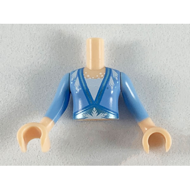 light nougat torso mini doll girl bright light blue top with metallic light blue hems and snowflake pattern light nougat arms with hands with bright light blue sleeves