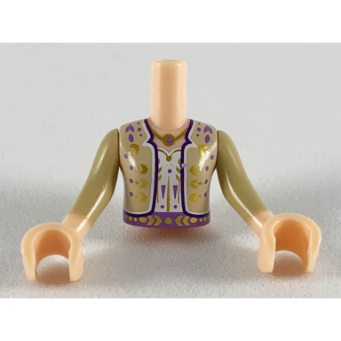 light nougat torso mini doll girl white shirt tan jacket with gold and dark purple design pattern light nougat arms with hands with tan sleeves