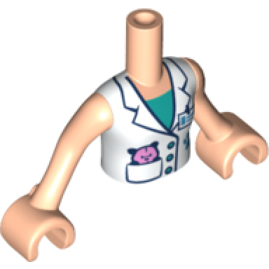 light nougat torso mini doll girl white vest with name tag and pocket dark turquoise undershirt teddy bear and paw pattern light nougat arms with hands