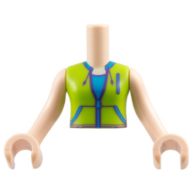 light nougat torso mini doll girl lime jacket vest with pockets over dark azure shirt pattern light nougat arms with hands