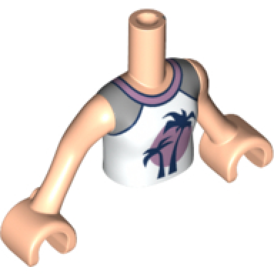 light nougat torso mini doll girl white top with silver sleeves and pink collar dark blue palm trees over pink sun pattern light nougat arms with hands