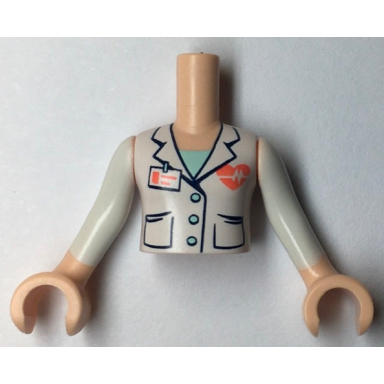 light nougat torso mini doll girl white jacket with 3 buttons coral name tag and beating heart pattern light nougat arms with hands with white sleeves