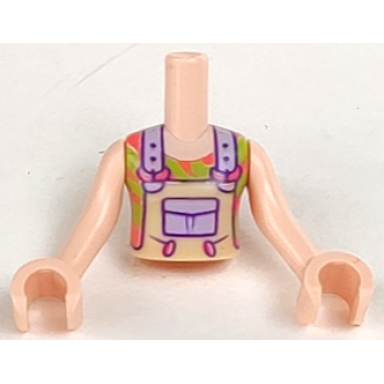 light nougat torso mini doll girl tan overalls with lavender pocket and straps over coral and lime shirt pattern light nougat arms with hands