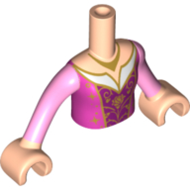 light nougat torso mini doll girl dark pink and purple dress with gold filigree pattern light nougat arms with hands with bright pink sleeves