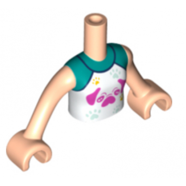 light nougat torso mini doll girl white raglan top with dark pink dog and light aqua and bright light orange paw prints pattern light nougat arms with hands