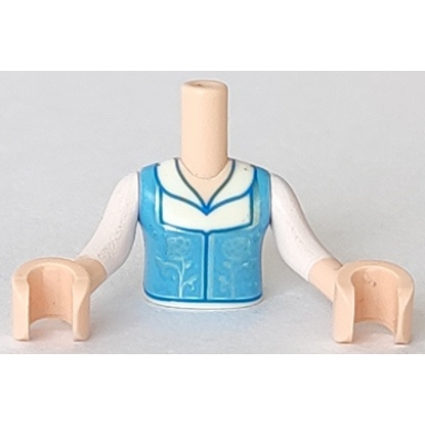 light nougat torso mini doll girl medium blue top with metallic light blue roses pattern light nougat arms with hands with white sleeves