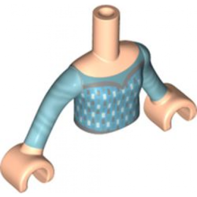 light nougat torso mini doll girl medium azure dress with metallic light blue and silver pattern light nougat arms with hands with metallic light blue sleeves