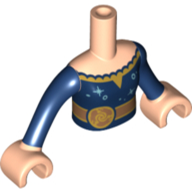 light nougat torso mini doll girl dark blue with metallic light blue stars and circles gold belt pattern light nougat arms with hands with dark blue sleeves