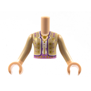 light nougat torso mini doll girl tan jacket with gold and medium lavender flowers dark purple trim pendant necklace white shirt pattern light nougat arms with hands with tan long sleeves