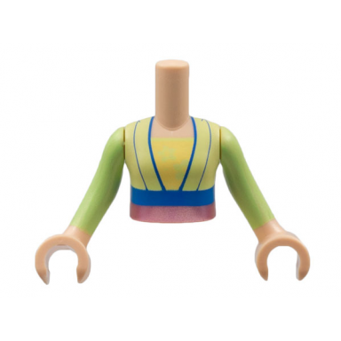 light nougat torso mini doll girl yellowish green robe blue trim metallic pink sash pattern light nougat arms with hands with yellowish green sleeves