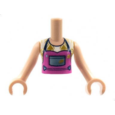 light nougat torso mini doll girl white blouse with gold plants dark pink apron with metallic light blue pocket pattern light nougat arms with hands