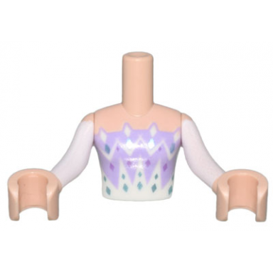 light nougat torso mini doll girl lavender and white dress triangle panels and diamonds pattern light nougat arms with hands with white sleeves