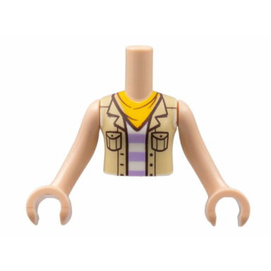 light nougat torso mini doll girl tan vest over white and lavender striped shirt bright light orange scarf pattern light nougat arms with hands