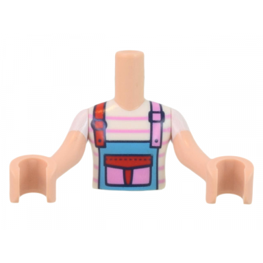 light nougat torso mini doll girl white and bright pink striped shirt medium azure apron pattern light nougat arms with hands with white short sleeves