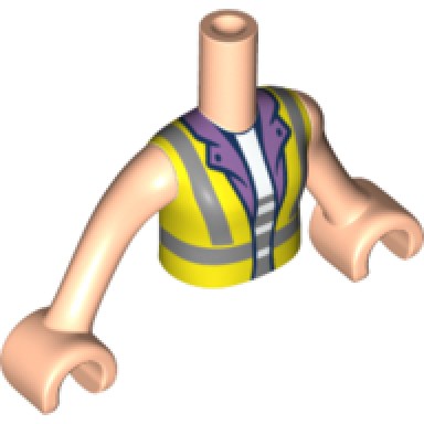 light nougat torso mini doll girl neon yellow safety vest with recycling logo over medium lavender and white shirt pattern light nougat arms with hands
