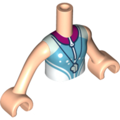 light nougat torso mini doll girl white and medium azure shirt with zipper and magenta collar light aqua whistle pattern light nougat arms with hands