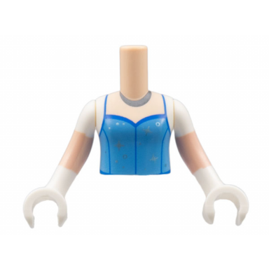 light nougat torso mini doll girl medium blue top with silver necklace and metallic light blue stars pattern light nougat arms with hands with white short sleeves and gloves