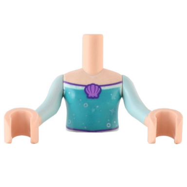 light nougat torso mini doll girl dark turquoise top with medium lavender shell circles and stars pattern light nougat arms with hands with light aqua sleeves