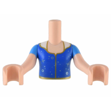 light nougat torso mini doll girl blue top with gold seam and trim silver circles and stars pattern light nougat arms with hands with dark azure short sleeves