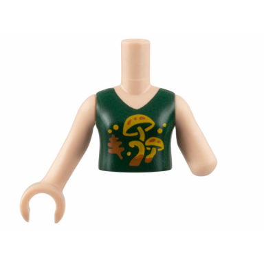 light nougat torso mini doll girl dark green top bright light orange mushrooms dark orange leaf pattern light nougat arm left light nougat arm with hand right
