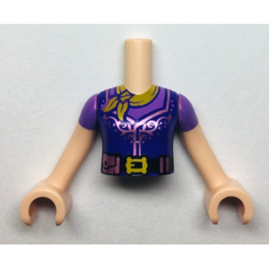 light nougat torso mini doll girl medium lavender and dark purple top with belt and gold scarf pattern light nougat arms with hands with medium lavender short sleeves