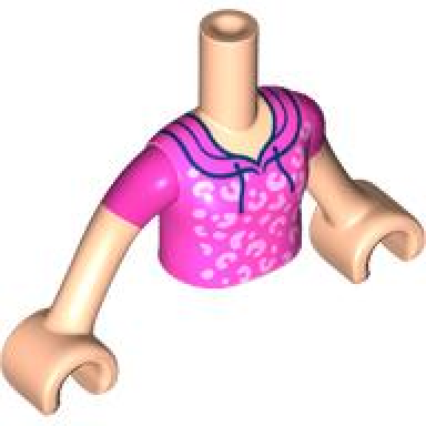 light nougat torso mini doll girl dark pink hoodie with bright pink rosettes pattern light nougat arms with hands with dark pink short sleeves