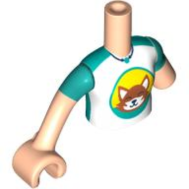 light nougat torso mini doll girl dark turquoise and white top with dark orange fox pattern light nougat arm with dark turquoise short sleeve left light nougat arm with hand with dark turquoise short sleeve right