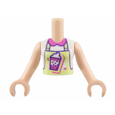 light nougat torso mini doll girl white shirt dark pink collar yellowish green apron bubble tea pattern light nougat arms with hands