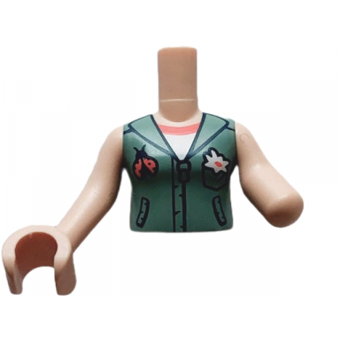 light nougat torso mini doll girl sand green vest with zipper over white shirt flower and ladybug pattern light nougat arm left light nougat arm with hand right