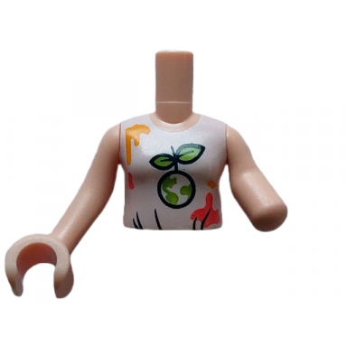 light nougat torso mini doll girl white top paint stains and bright green leaves pattern light nougat arm left light nougat arm with hand right