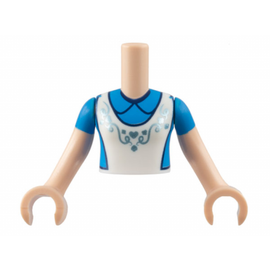 light nougat torso mini doll girl dark azure dress white apron with metallic light blue filigree pattern light nougat arms with hands with dark azure short sleeves
