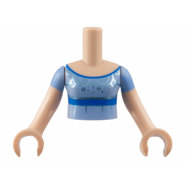 light nougat torso mini doll girl bright light blue dress blue trim metallic light blue filigree pattern light nougat arms with hands with bright light blue short sleeves