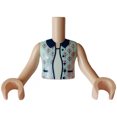 light nougat torso mini doll girl light aqua sleeveless vest with dark blue pockets buttons and collar and metallic pink branches over white shirt pattern light nougat arms with hands