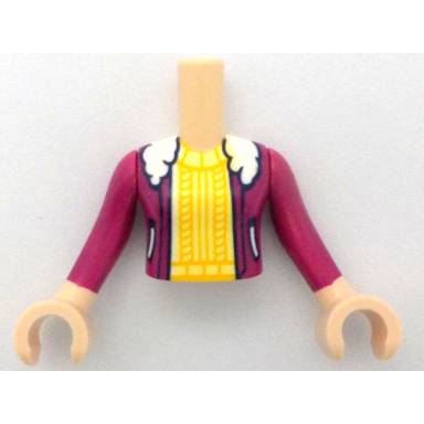light nougat torso mini doll girl magenta jacket with white fur collar and pockets over bright light yellow and bright light orange sweater pattern light nougat arms with hands with magenta long sleeves