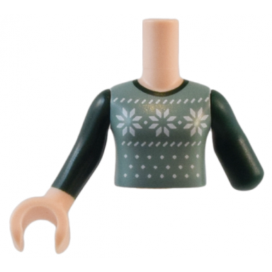 light nougat torso mini doll girl sand green fair isle sweater vest with white snowflakes pattern arm with dark green long sleeve left light nougat arm with hand with dark green long sleeve right