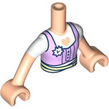 light nougat torso mini doll girl lavender top over white shirt with heart cutout and yellowish green belt light nougat arms with hands with white short sleeves