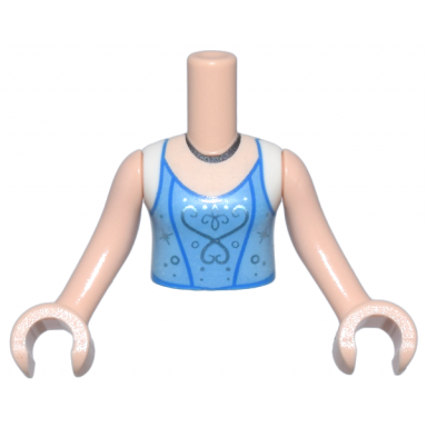 light nougat torso mini doll girl medium blue top with white cap sleeves blue trim metallic light blue scrolls and sparkles black necklace pattern light nougat arms with hands