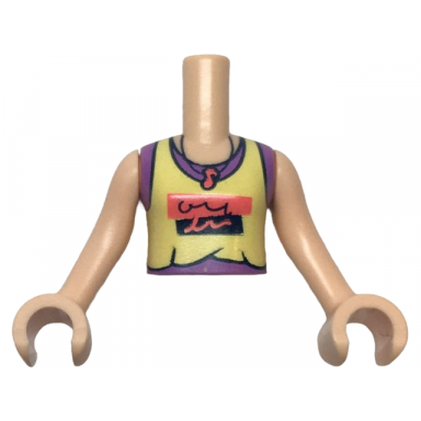 light nougat torso mini doll girl bright light yellow tank top over medium lavender sleeveless shirt black and coral panels and music note necklace pattern light nougat arms with hands