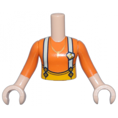 light nougat torso mini doll girl orange shirt light aqua suspenders gold buckles and necklace pattern light nougat arms with hands with orange sleeves