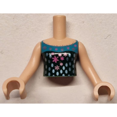 light nougat torso mini doll girl dark turquoise and dark green halter top with dark pink and metallic pink snowflakes and metallic light blue dots pattern light nougat arms with hands