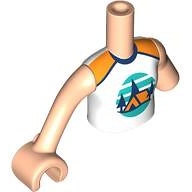 light nougat torso mini doll girl white sleeveless top with orange tent dark blue trees dark turquoise sky and ground pattern light nougat arm left light nougat arm with hand right