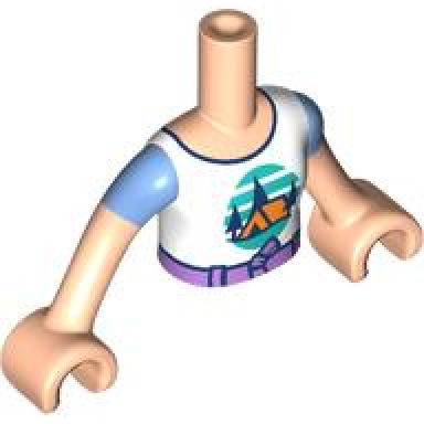 light nougat torso mini doll girl white t-shirt with orange tent dark blue trees dark turquoise sky and ground medium lavender belt pattern light nougat arms with hands with medium blue short sleeves