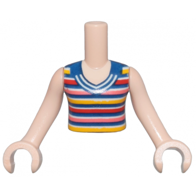 light nougat torso mini doll girl dark blue sleeveless top with white red coral and bright light orange stripes pattern light nougat arms with hands