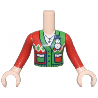light nougat torso mini doll girl red and bright green cardigan holiday sweater with pockets and snowman pin pattern dark blue music note pendant light nougat arms with hands with red sleeves