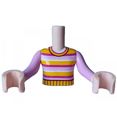 light nougat torso mini doll girl bright pink magenta white and yellow striped sweater pattern light nougat arms with hands with bright pink long sleeves