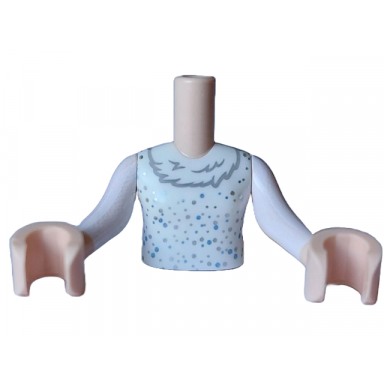 light nougat torso mini doll girl white dress top with dark bluish gray ruffles and metallic light blue and silver sparkles pattern light nougat arms with hands with white long sleeves