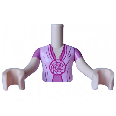 light nougat torso mini doll girl bright pink and dark pink dress top with magenta folds and pom pom flowers pattern light nougat arms with hands with dark pink short sleeves